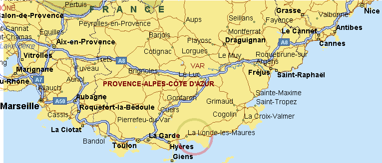 Landkort over Sydfrankrig - fra Marseille til Nice